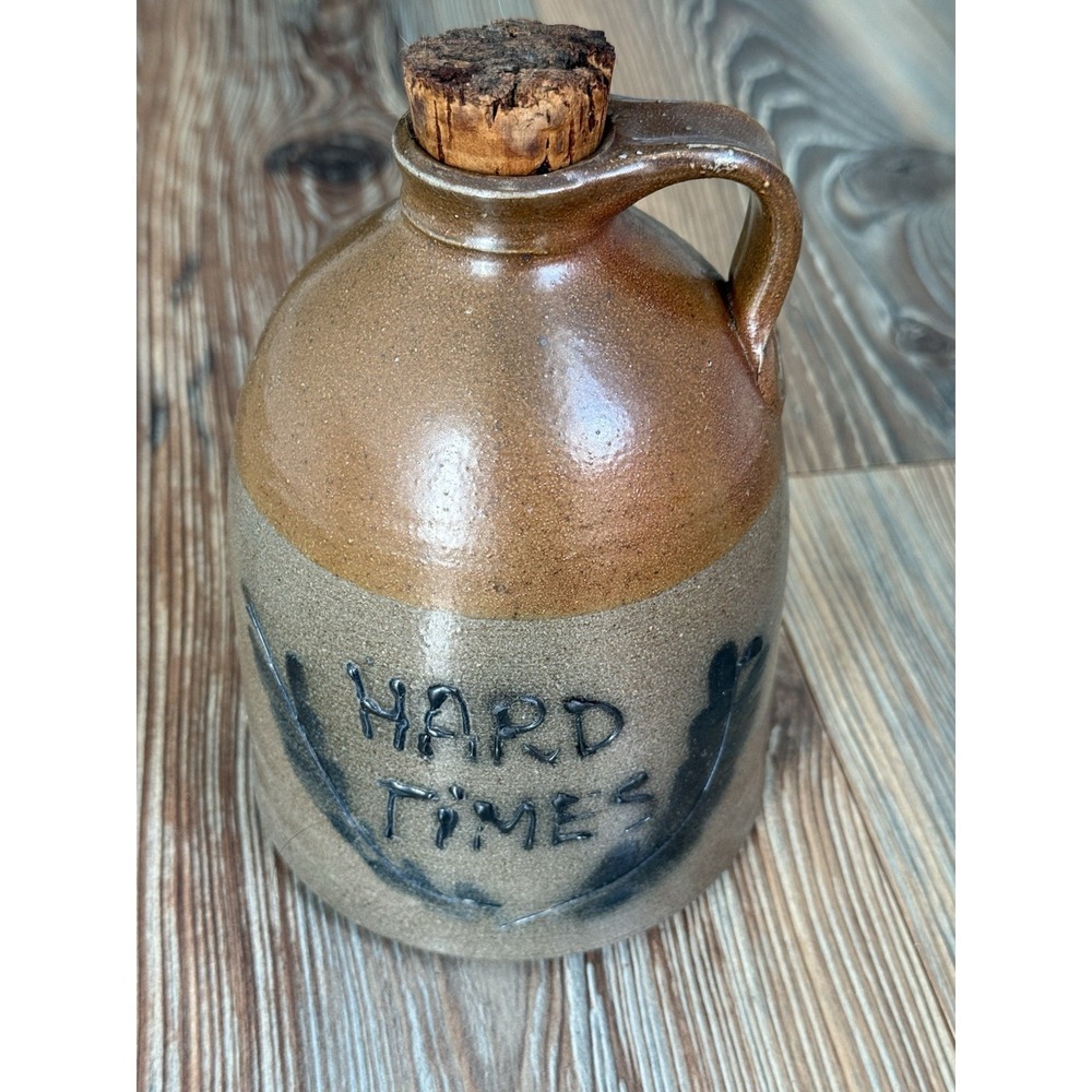Rinny Salt Glaze Stoneware Jug "Hard Times" 7.5" Cork Stopper